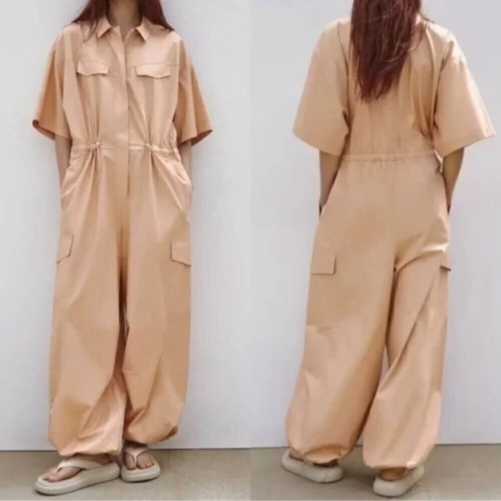 New Zara Gabardine Utility Cargo Jumpsuit Size XS NWOT